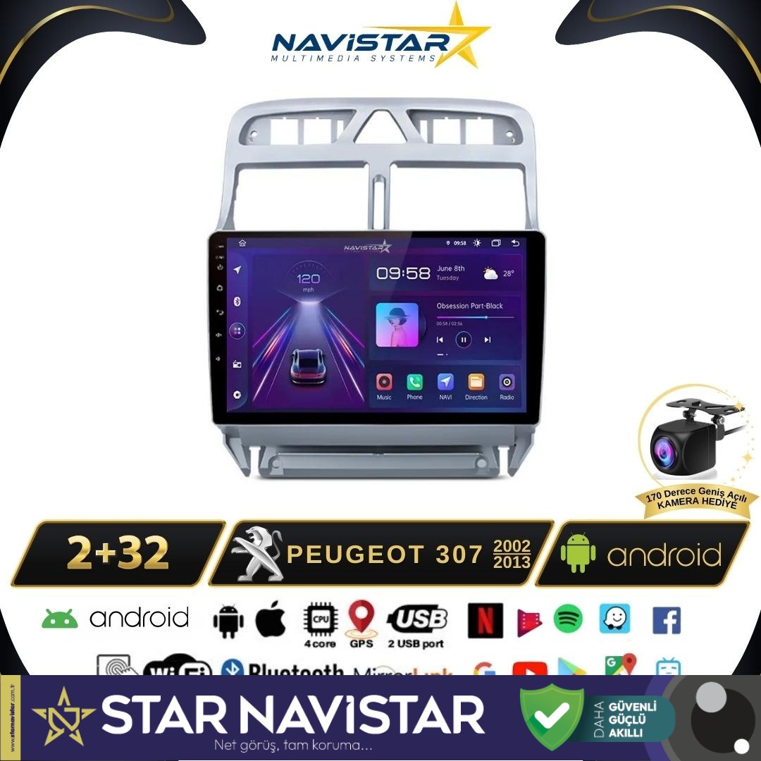 Peugeot 307  2002-2013 Model 2GB + 64GB Android 13 Kablosuz Carplay Navigasyon Multimedya Sistemi