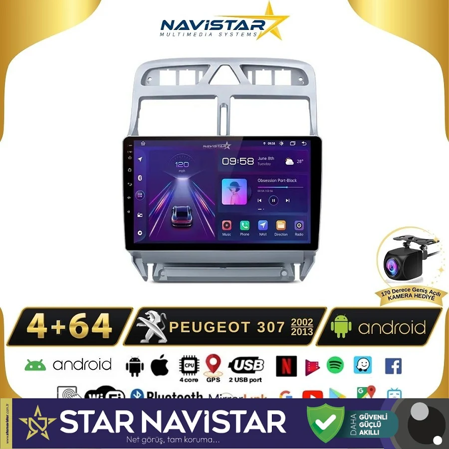 Peugeot 307  2002-2013 Model 4GB + 64GB Android 13 Kablosuz Carplay Navigasyon Multimedya Sistemi