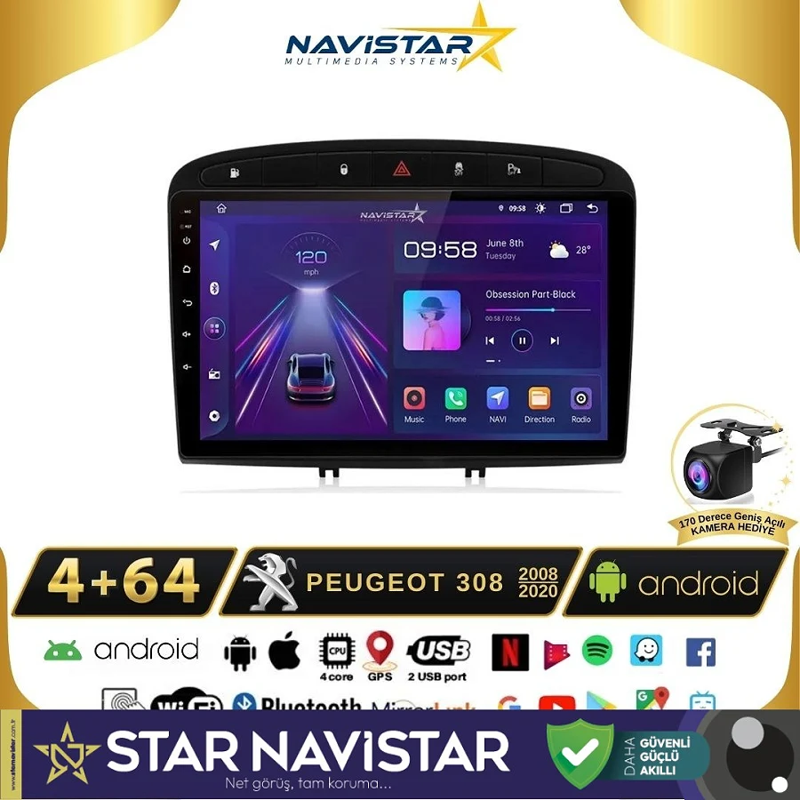 Peugeot 308  2008-2020 Model 4GB + 64GB Android 13 Kablosuz Carplay Navigasyon Multimedya Sistemi