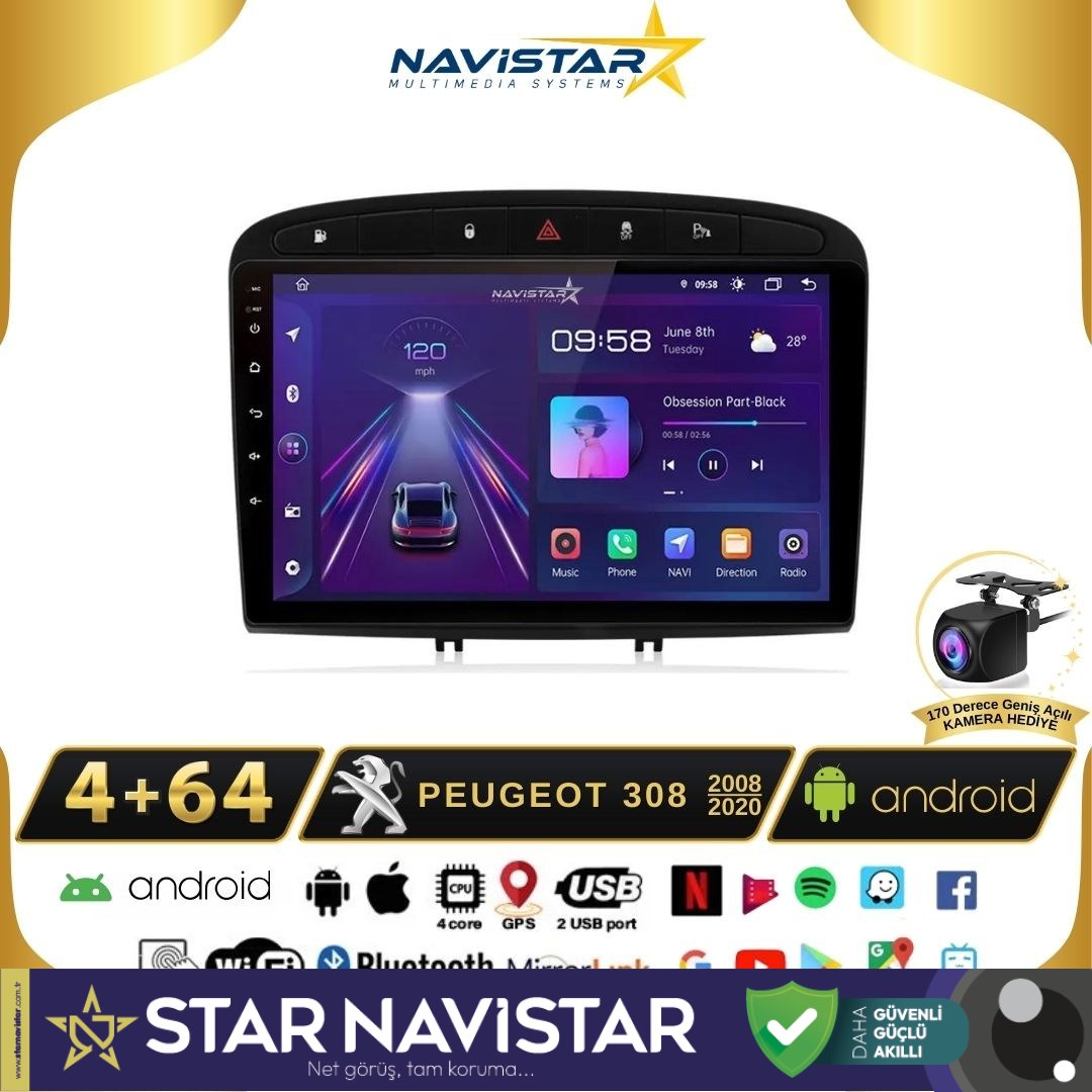 Peugeot 308  2008-2020 Model 4GB + 64GB Android 13 Kablosuz Carplay Navigasyon Multimedya Sistemi