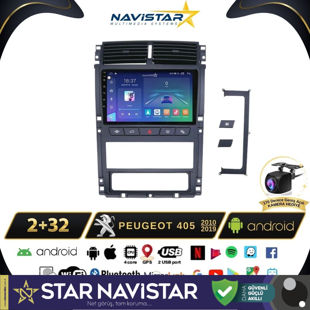 Peugeot 405  2010-2019 Model 2GB + 64GB Android 13 Kablosuz Carplay Navigasyon Multimedya Sistemi
