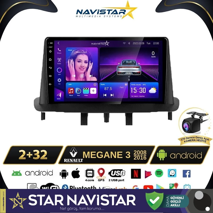 Megane 3 Kablosuz Carplay 2+64GB Android 13 Navigasyon Multimedya Sistemi