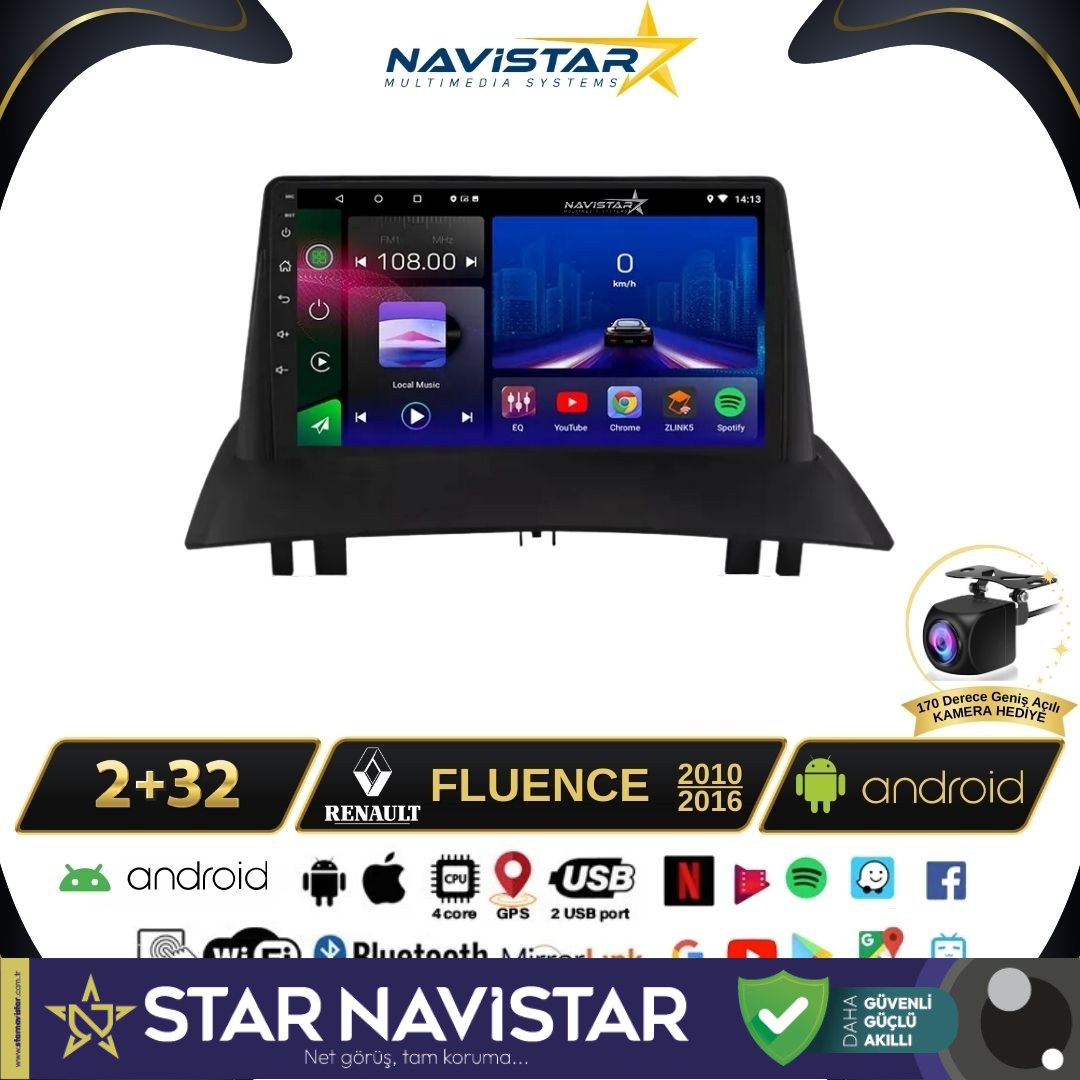 Fluence Kablosuz Carplay 2+64GB Android 13 Navigasyon Multimedya Sistemi