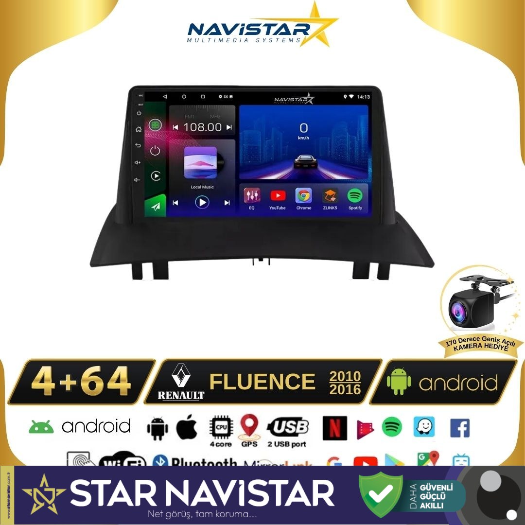 Fluence 4+64 GB Android 13 Kablosuz Carplay Navigasyon Multimedya Sistemi