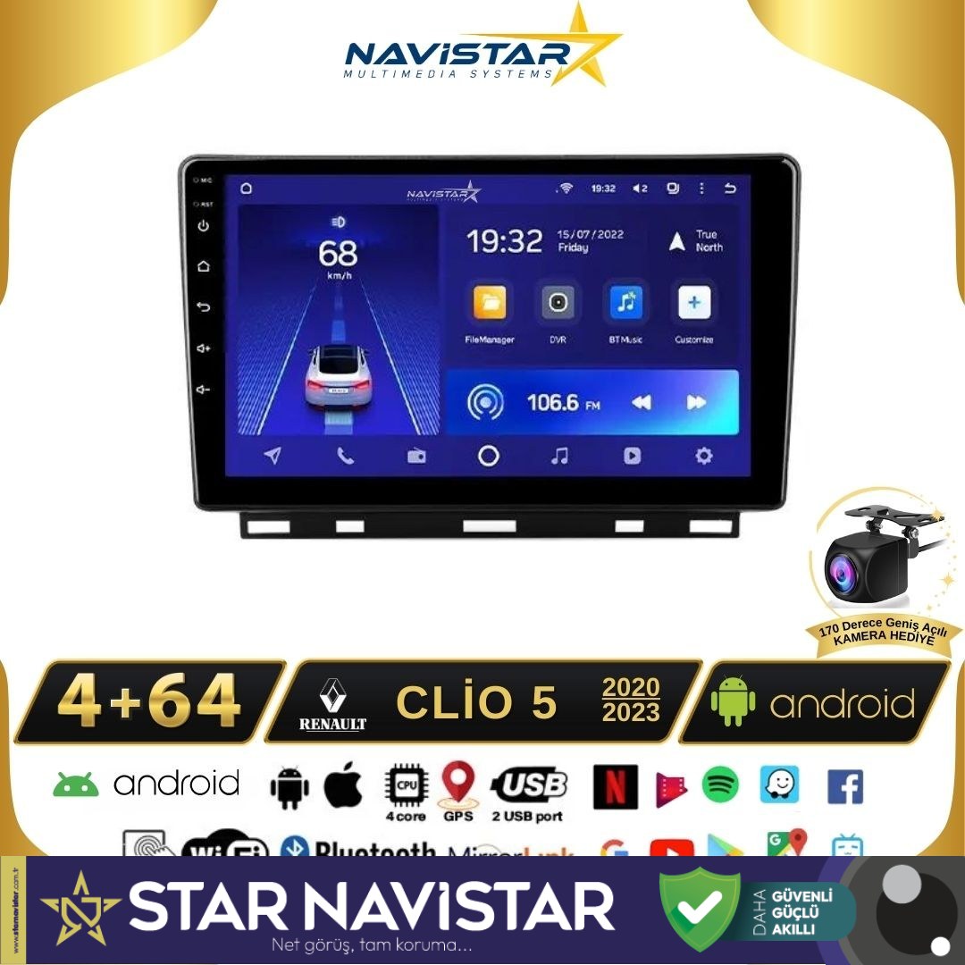 Clio 5 2020-2023 Model 4GB + 64GB Android 13 Kablosuz Carplay Navigasyon Multimedya Sistemi