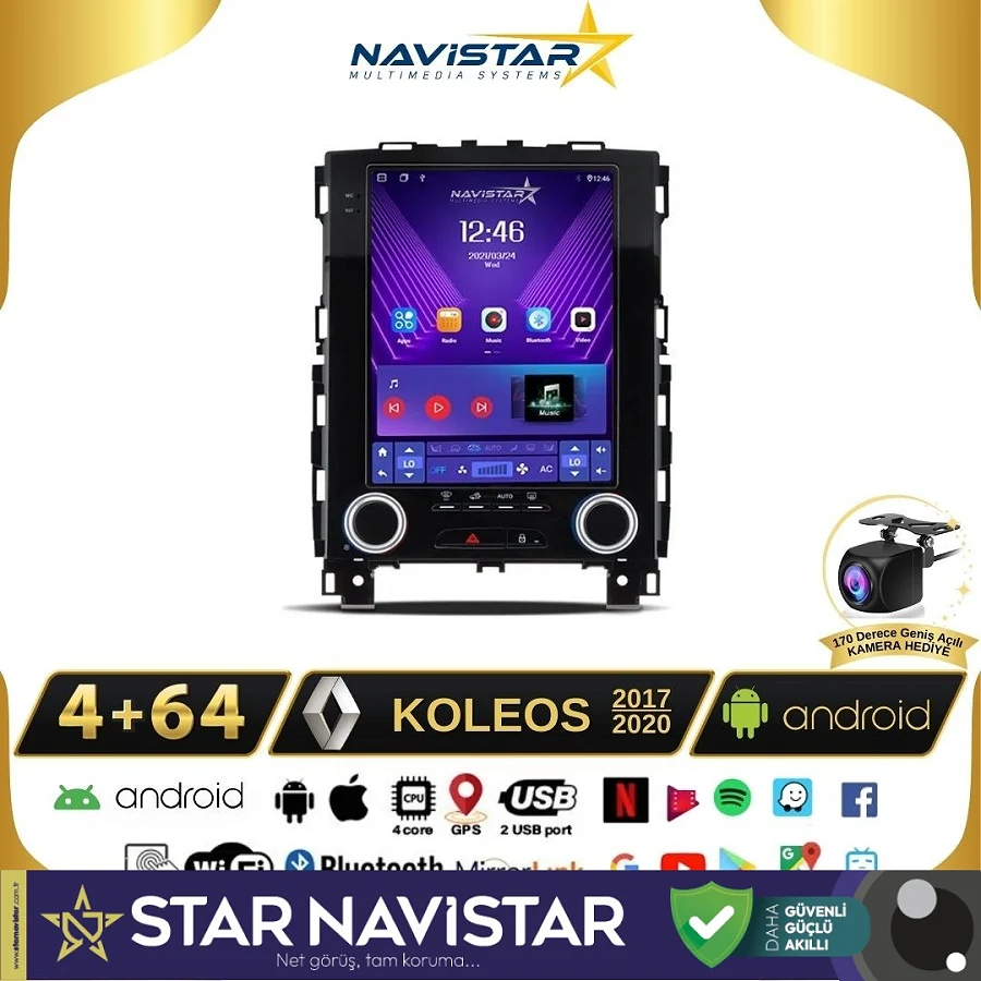 Renault Koleos Tesla 4GB + 64GB 2017-2020 Model Android 13 Qled Kablosuz Carplay Navigasyon Multimedya Sistemi