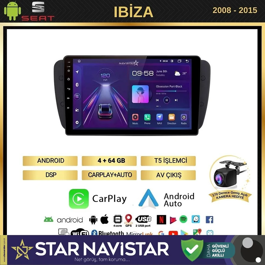 Seat Ibiza 4GB + 64GB 2008-2015 Model Android 13 Kablosuz Carplay Navigasyon Multimedya Sistemi