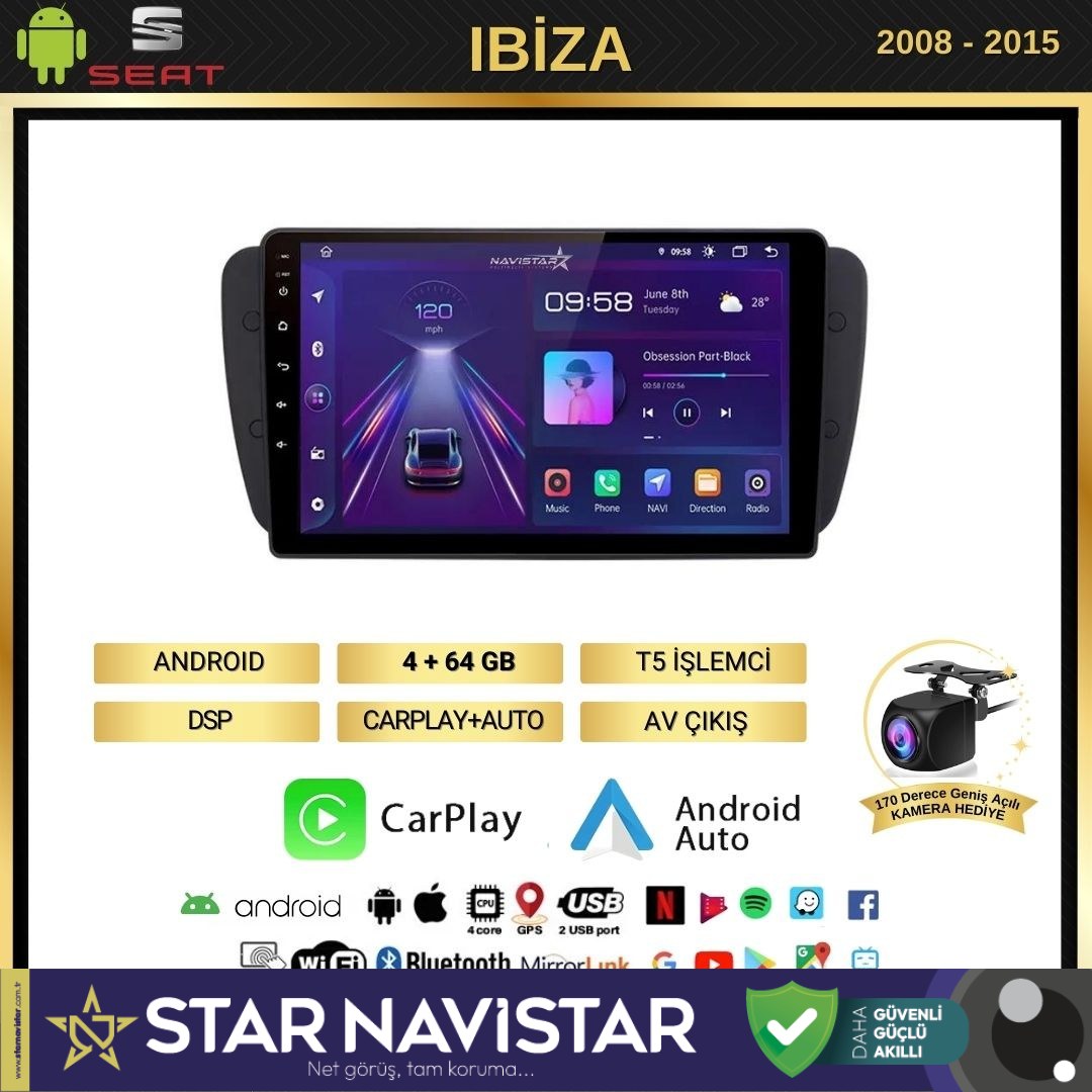 Seat Ibiza 4GB + 64GB 2008-2015 Model Android 13 Kablosuz Carplay Navigasyon Multimedya Sistemi