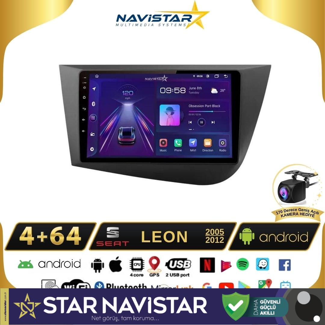 Seat Leon 4GB + 64GB 2005-2012 Model Android 13 Kablosuz Carplay Navigasyon Multimedya Sistemi