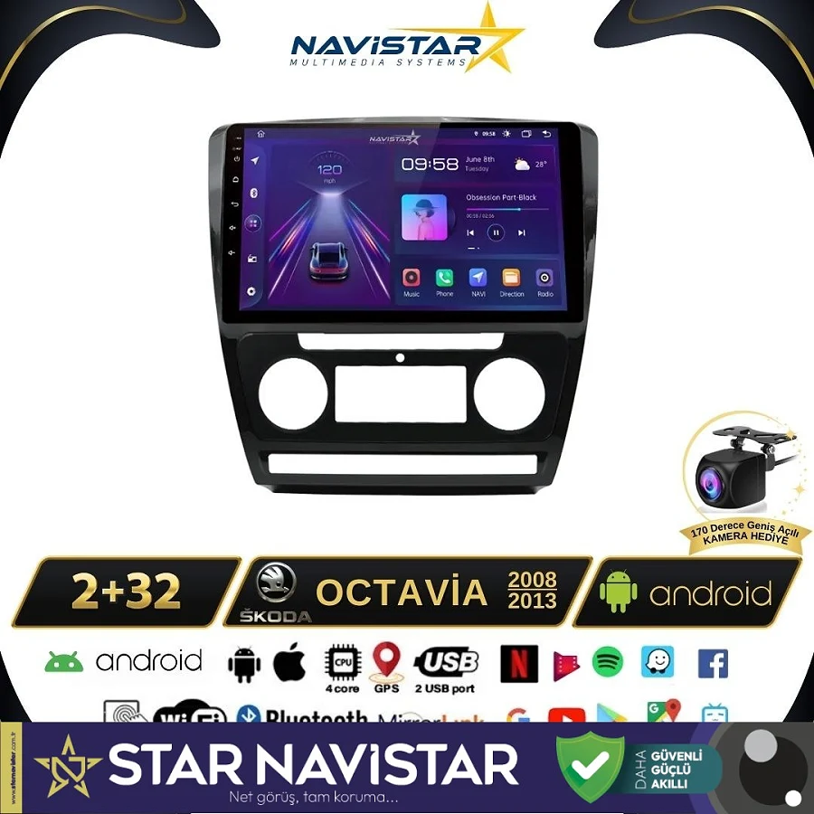 Skoda Octavia 2008-2013 Model 2+64GB Android 13 Kablosuz Carplay Navigasyon Multimedya Sistemi
