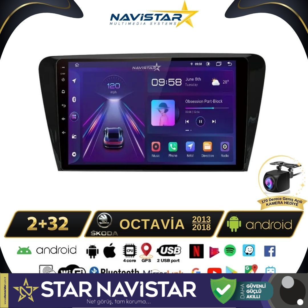 Skoda Octavia 2013-2018 Model 2+64GB Android 13 Kablosuz Carplay Navigasyon Multimedya Sistemi