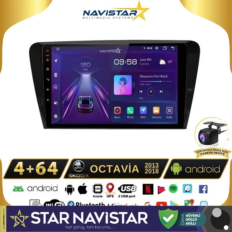 Skoda Octavia 2013-2018 Model 4GB + 64GB Android 13 Kablosuz Carplay Navigasyon Multimedya Sistemi