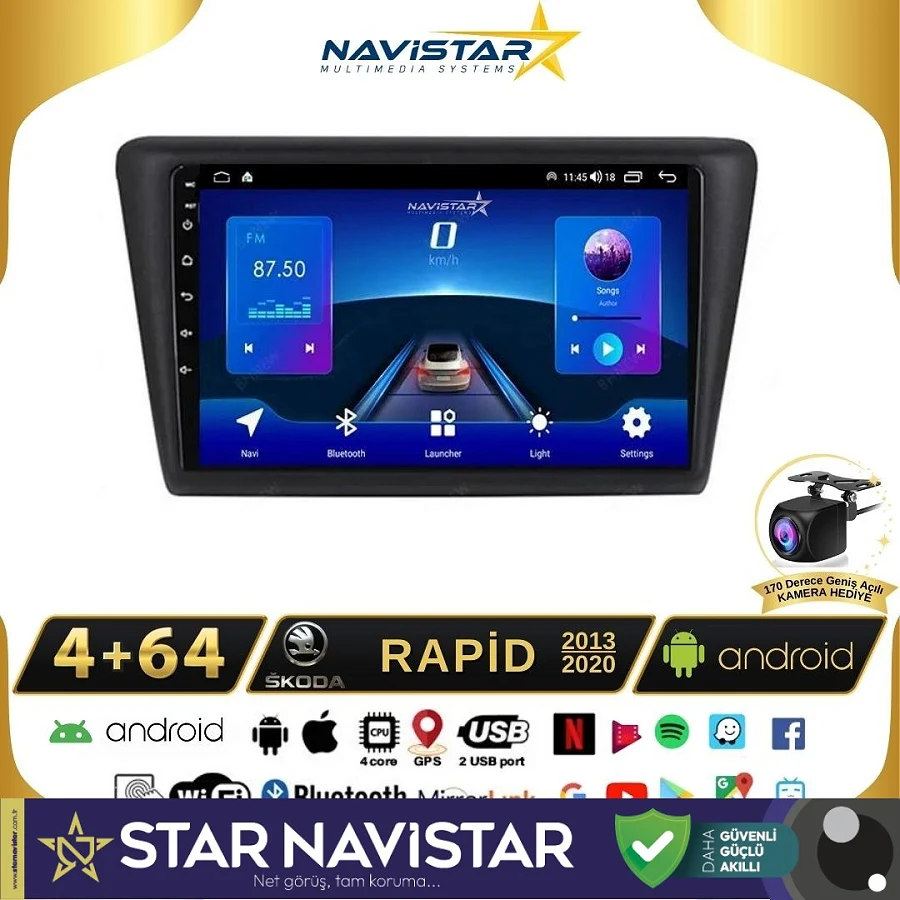 Skoda Rapid 2013-2020 Model 4GB + 64GB Android 13 Kablosuz Carplay Navigasyon Multimedya Sistemi