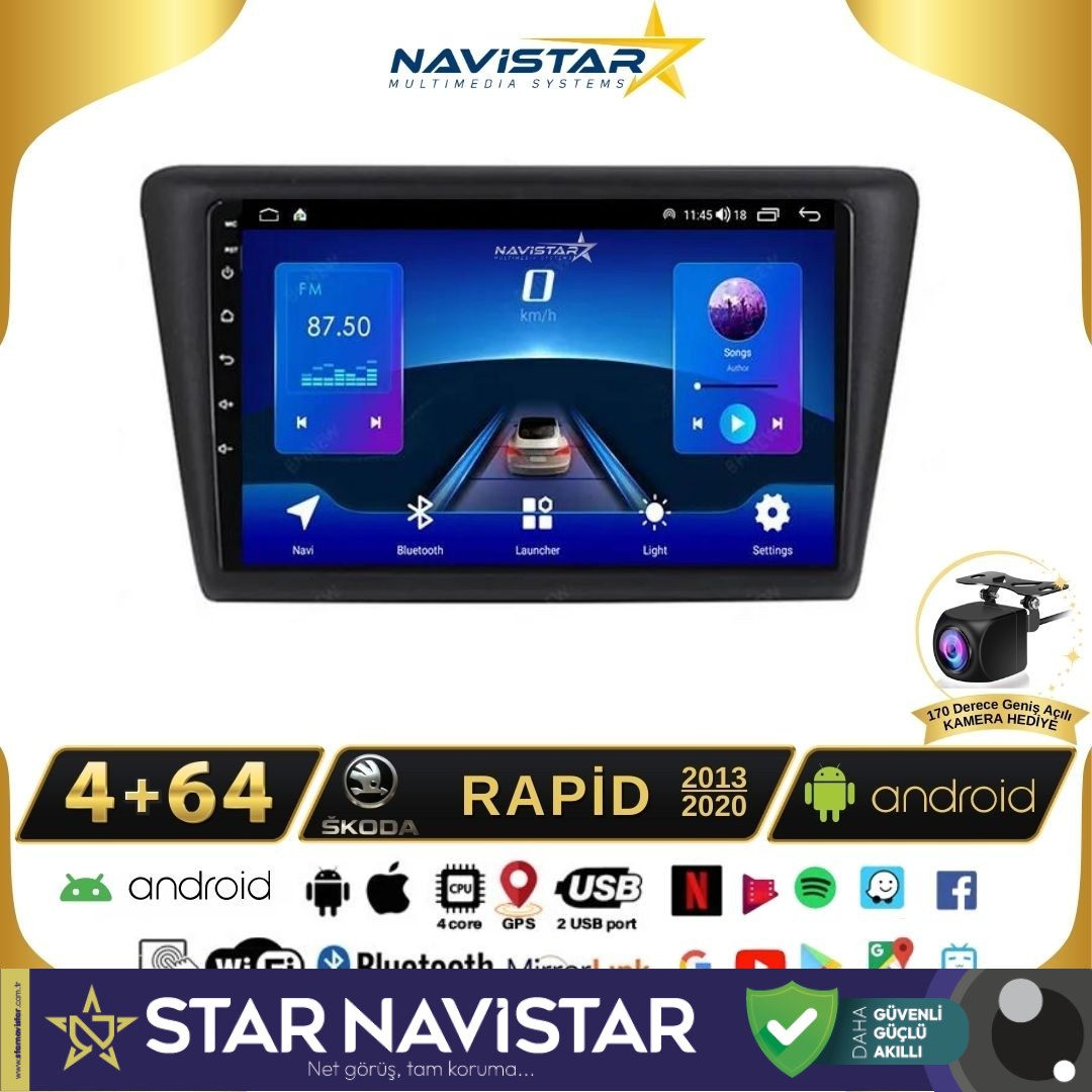 Skoda Rapid 2013-2020 Model 4GB + 64GB Android 13 Kablosuz Carplay Navigasyon Multimedya Sistemi
