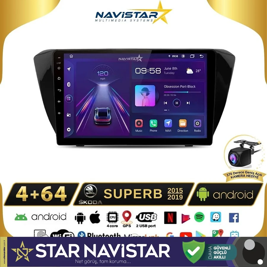 Skoda Superb 2015-2019 Model 4GB + 64GB Android 13 Kablosuz Carplay Navigasyon Multimedya Sistemi