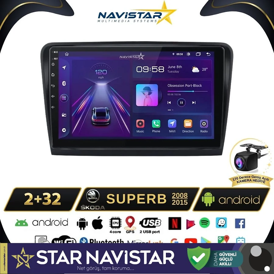 Skoda Superb 2008-2015 Model 2+64GB Android 13 Kablosuz Carplay Navigasyon Multimedya Sistemi