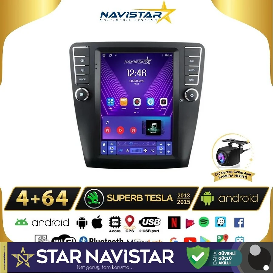 Skoda Superb Tesla 4GB + 64GB 2013-2019 Model  Kablosuz Carplay Navigasyon Qled Multimedya Sistemi