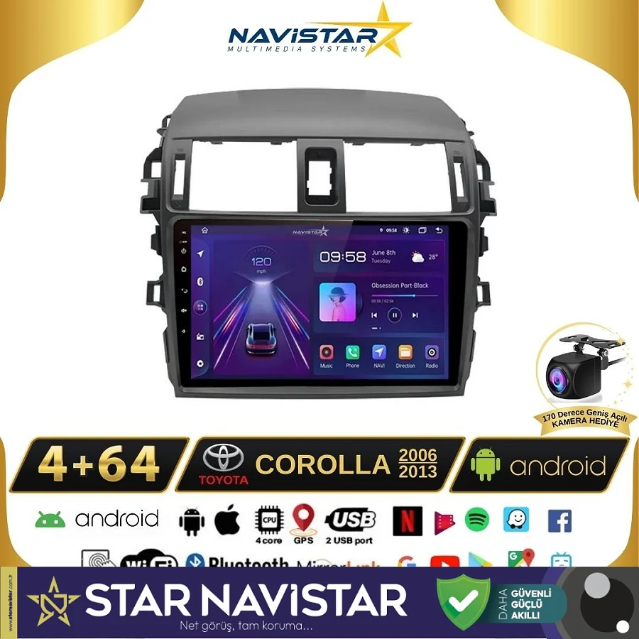 Toyota Corolla 4GB + 64GB Kablosuz Carplay Android 13 Navigasyon Multimedya Sistemi