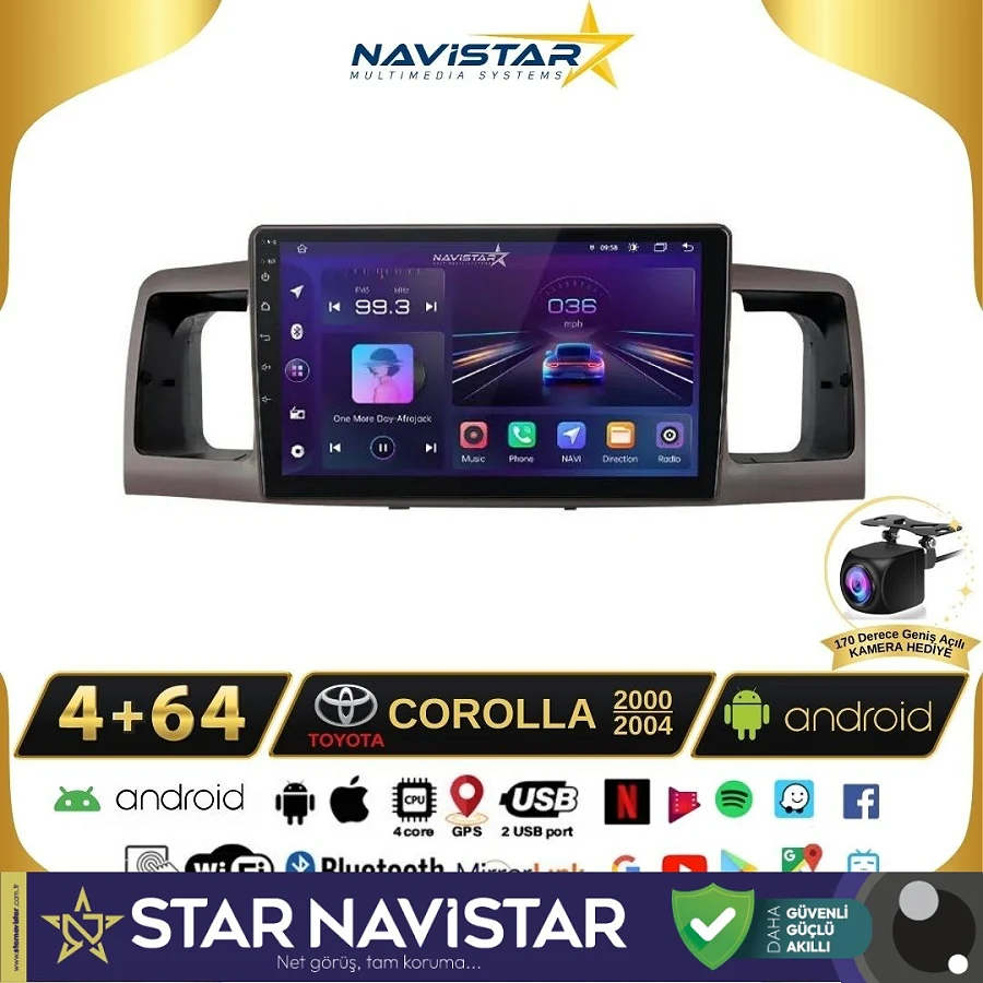 Toyota Corolla 2000-2004 Model 4GB + 64GB Android 13 Kablosuz Carplay Navigasyon Multimedya Sistemi