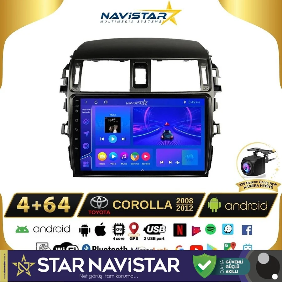 Toyota Corolla 2008-2012 Model 4GB + 64GB Android 13 Kablosuz Carplay Navigasyon Multimedya Sistemi