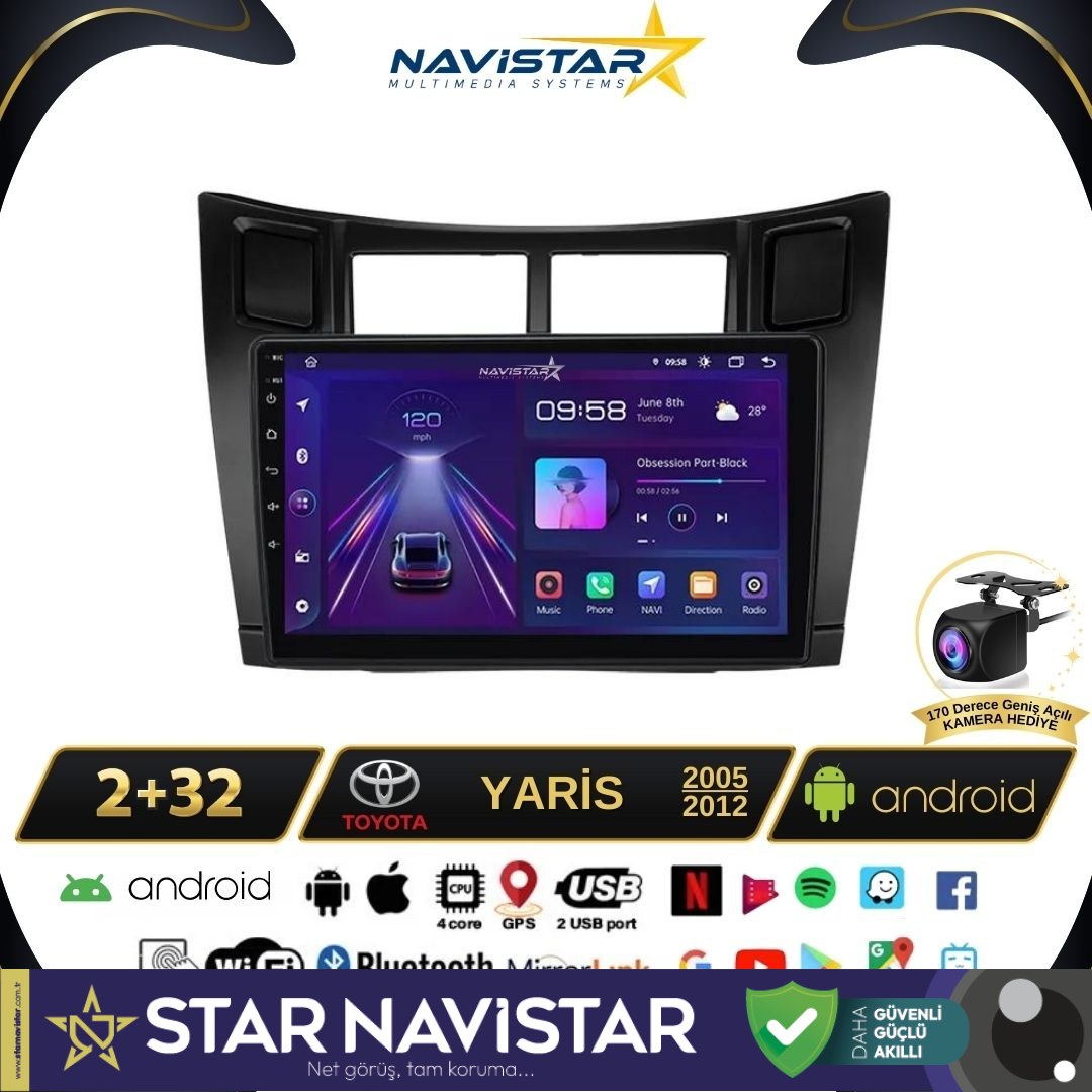 Toyota Yaris 2005-2012 Model 2+64GB Android 13 Kablosuz Carplay Navigasyon Multimedya Sistemi