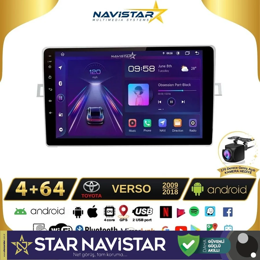 Toyota Verso 2009-2018 Model 4GB + 64GB Android 13 Kablosuz Carplay Navigasyon Multimedya Sistemi