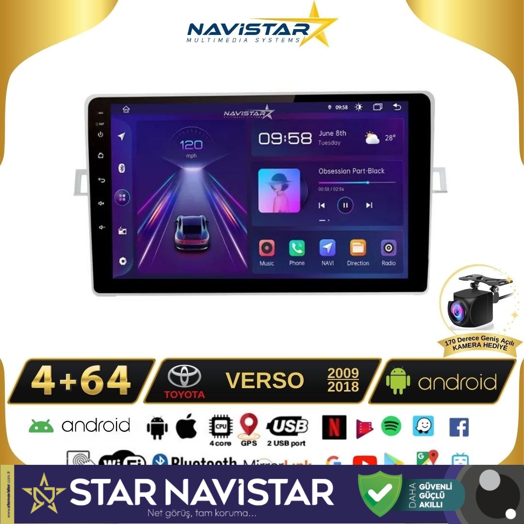 Toyota Verso 2009-2018 Model 4GB + 64GB Android 13 Kablosuz Carplay Navigasyon Multimedya Sistemi