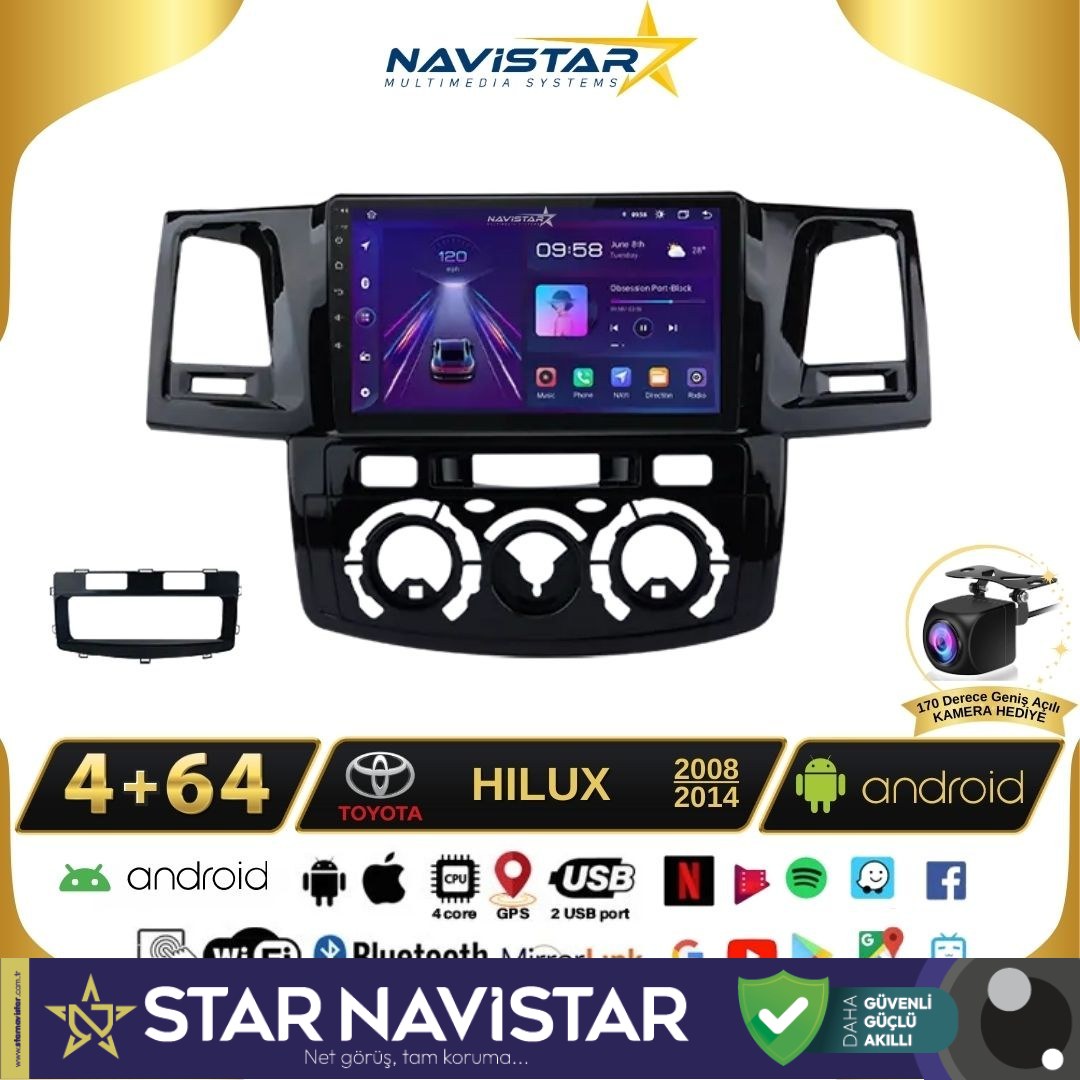 Toyota Hilux 2008-2014 Model 4GB + 64GB Android 13 Kablosuz Carplay Navigasyon Multimedya Sistemi