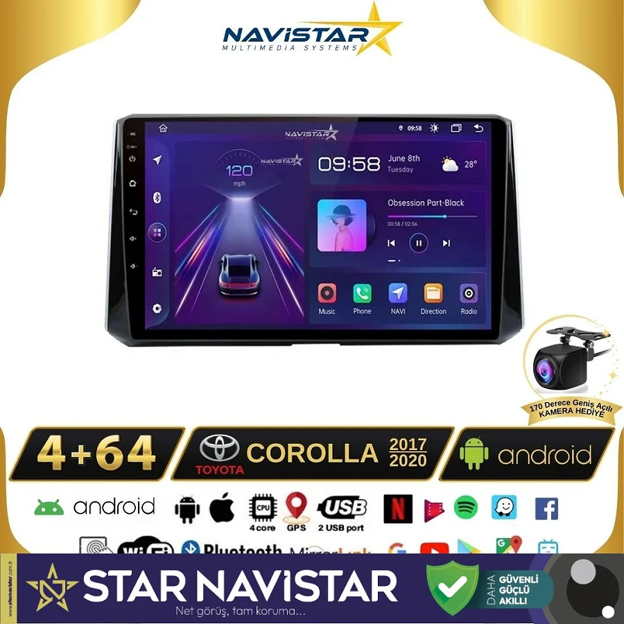 Toyota Corolla 2017-2020 Model 4GB + 64GB Android 13 Kablosuz Carplay Navigasyon Multimedya Sistemi
