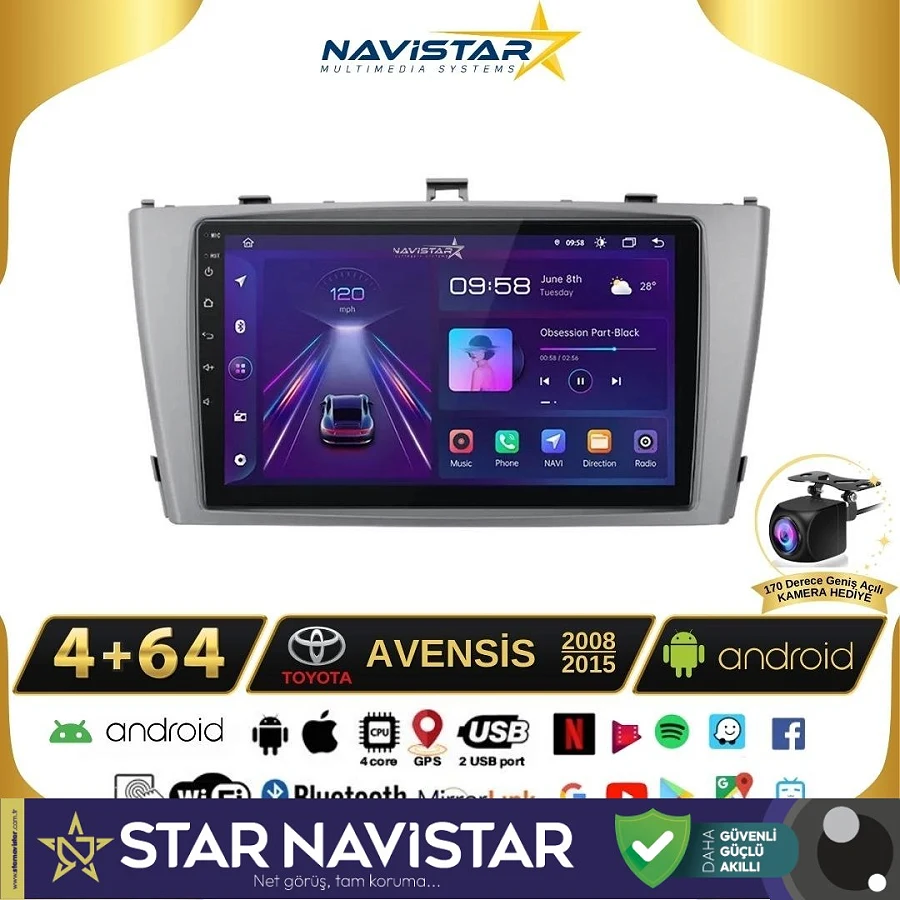 Toyota Avensis 2008-2015 Model 4GB + 64GB Android 13 Kablosuz Carplay Navigasyon Multimedya Sistemi