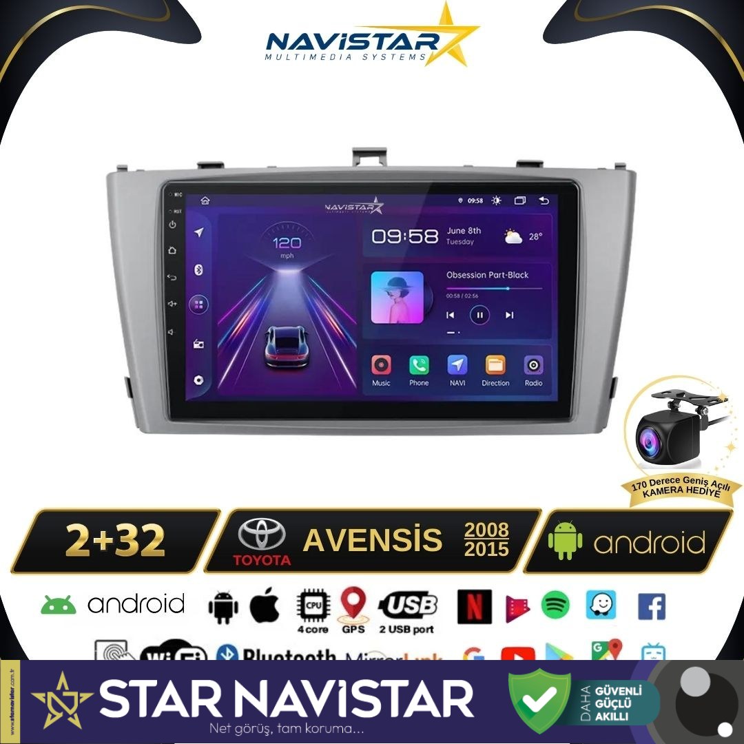 Toyota Avensis 2008-2015 Model 2+64GB Android 13 Kablosuz Carplay Navigasyon Multimedya Sistemi