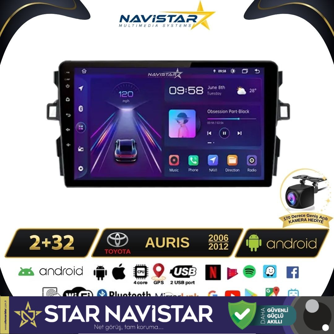 Toyota Auris 2006-2012 Model 2+64GB Android 13 Kablosuz Carplay Navigasyon Multimedya Sistemi