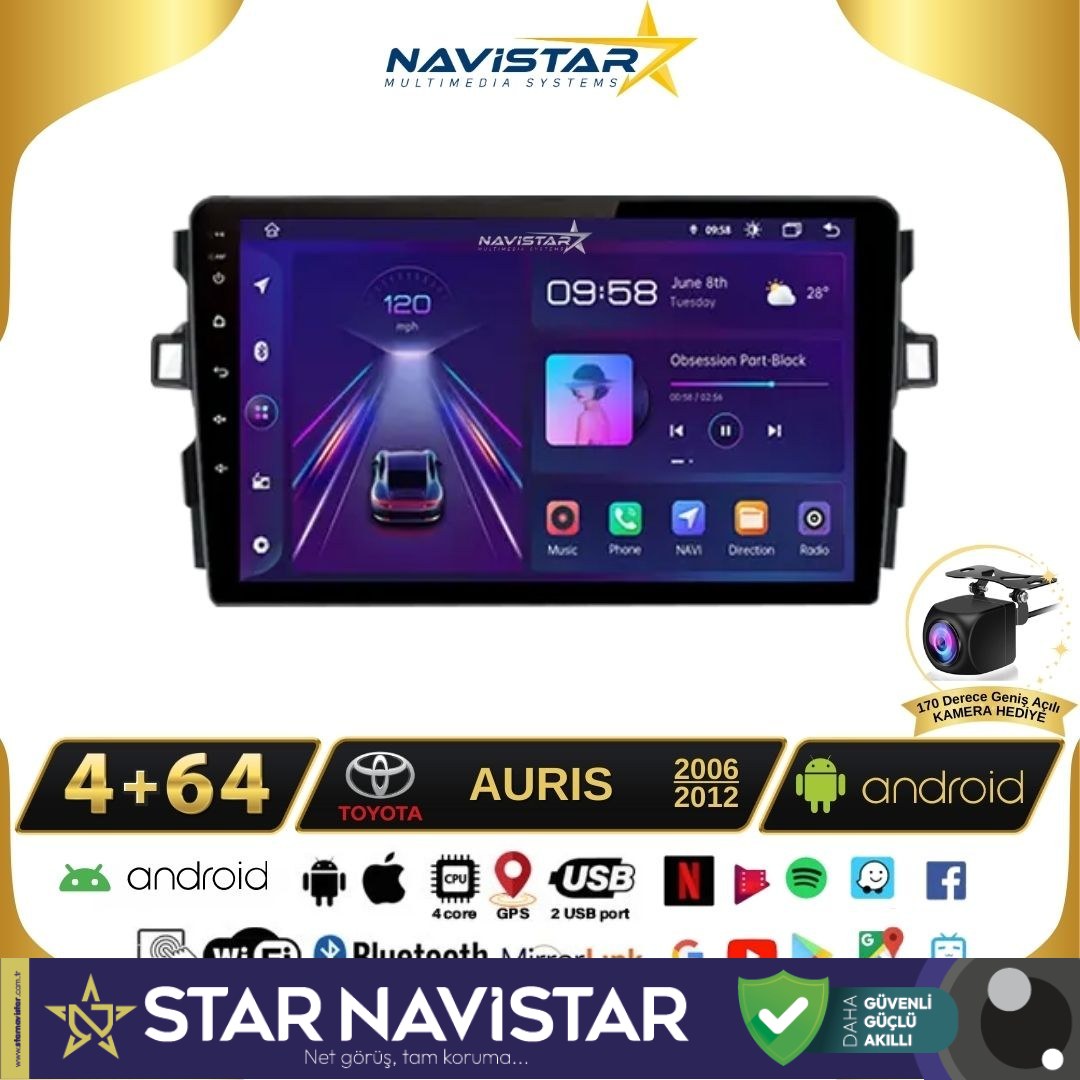 Toyota Auris 2006-2012 Model 4GB + 64GB Android 13 Kablosuz Carplay Navigasyon Multimedya Sistemi