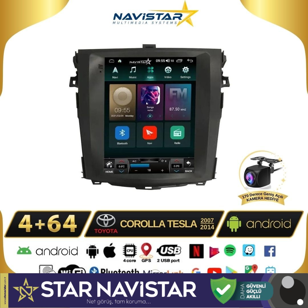 Toyota Corolla Tesla 4GB + 64GB 2007-2014 Model Kablosuz Carplay Navigasyon Qled Multimedya Sistemi
