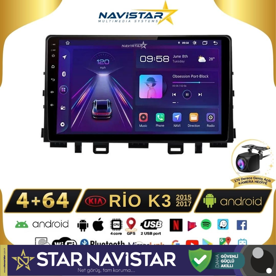 Kia Rio K3 2015-2017 Model 4+64 GB Android 13 Kablosuz Carplay Navigasyon Multimedya Sistemi