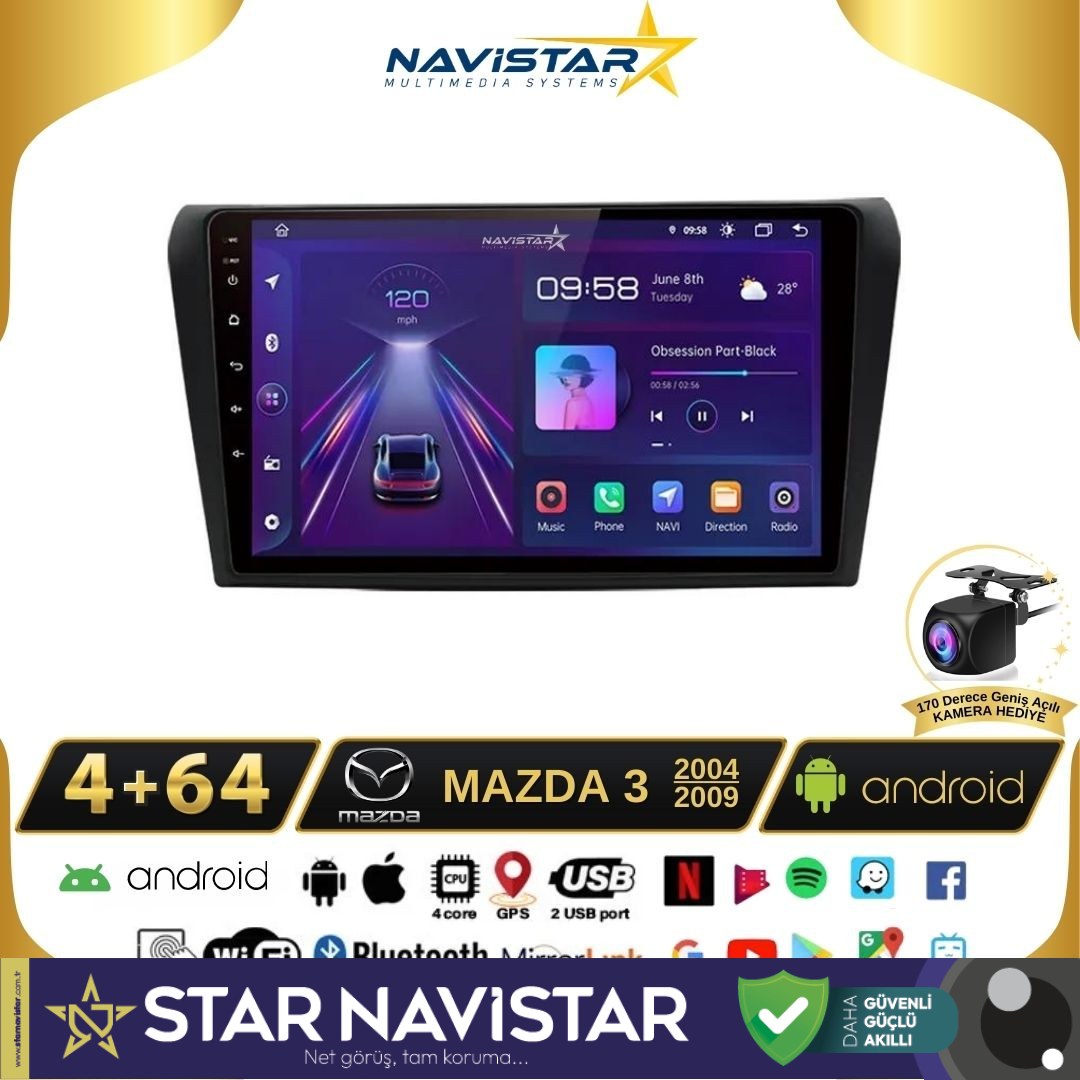 Mazda3 2004-2009 Model 4GB + 64GB Android 13 Kablosuz Carplay Navigasyon Multimedya Sistemi