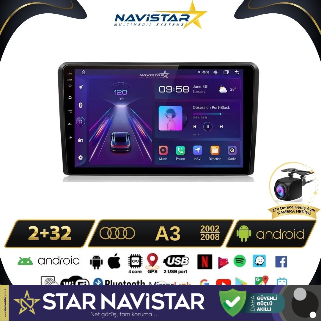 Audi A3 2002-2008 Model 2GB + 64GB Android 13 Kablosuz Carplay Navigasyon Multimedya Sistemi