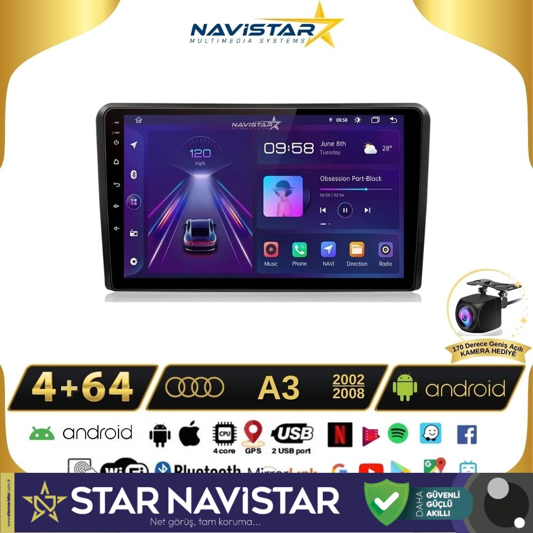 Audi A3 4GB + 64GB 2002-2008 Model Android 13 Kablosuz Carplay Navigasyon Multimedya Sistemi
