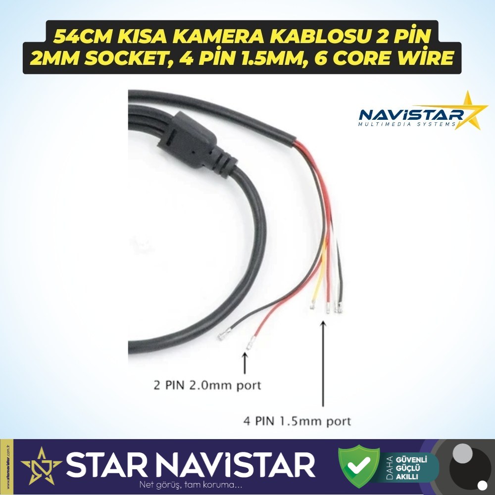 54 cm RCA Kısa Kamera Kablosu 2 pin 2mm socket, 4 pin 1.5mm, 6 core wire