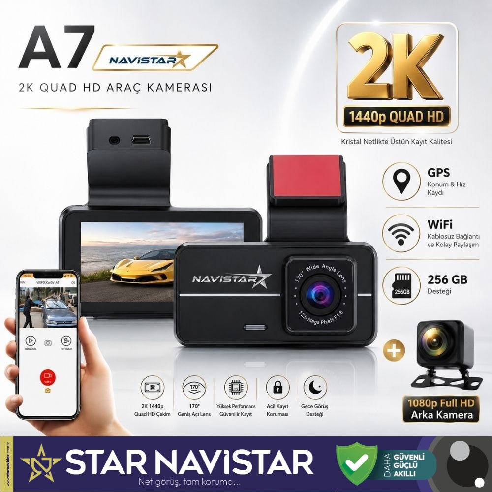 A7 Wifi + GPS 2K Çift Kameralı 170° Geniş Açı Lens Gece Görüşlü Akıllı Araç içi Kamera + 1080P Arka Kamera