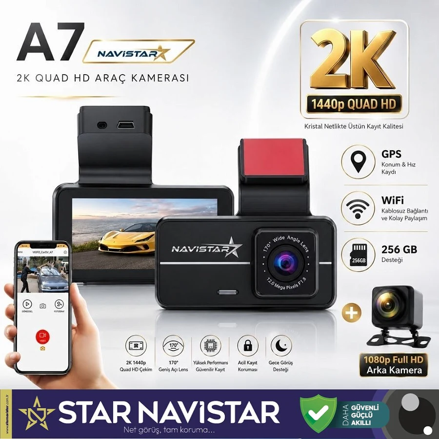 A7 Wifi + GPS 2K Çift Kameralı 170° Geniş Açı Lens Gece Görüşlü Akıllı Araç içi Kamera + 1080P Arka Kamera