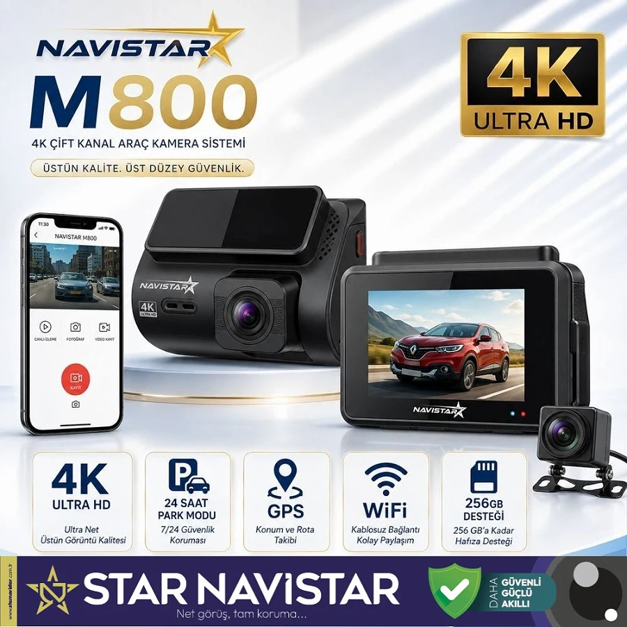M800 Wifi + GPS 4K Çift Kameralı 170° Geniş Açı Lens Gece Görüşlü Akıllı Araç İçi Kamera + 1080P Arka Kamera