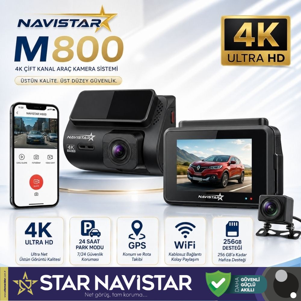 M800 Wifi + GPS 4K Çift Kameralı 170° Geniş Açı Lens Gece Görüşlü Akıllı Araç İçi Kamera + 1080P Arka Kamera