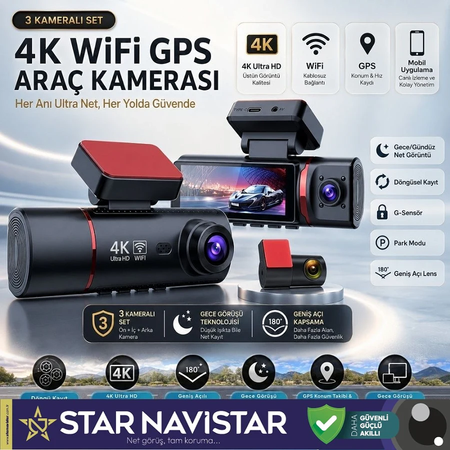 4K Ultra HD 3 Kameralı Ön, iç ve Arka Wifi GPS G-Sensör Park Modu Dashcam Kamera
