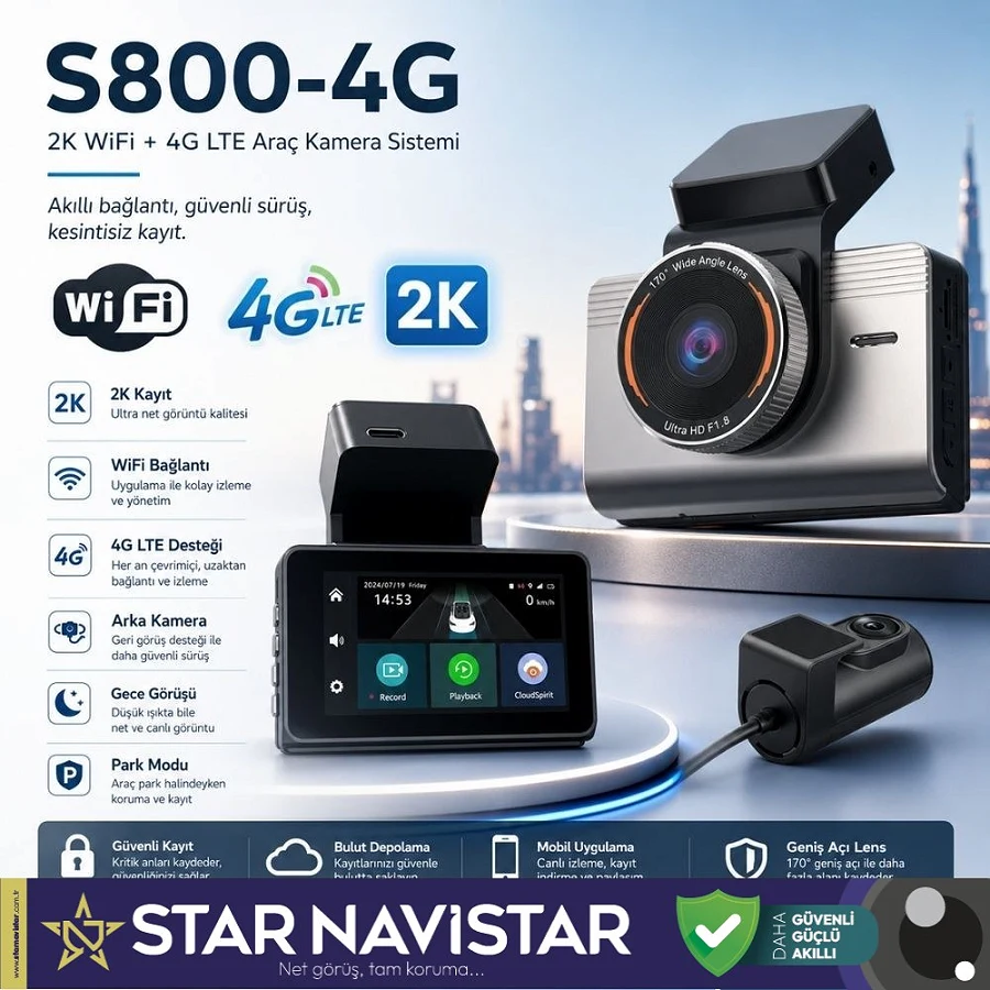 4G Uzaktan izlemeli 2 kameralı 2K+1080P Yüksek Çözünürlüklü Dashcam Kamera