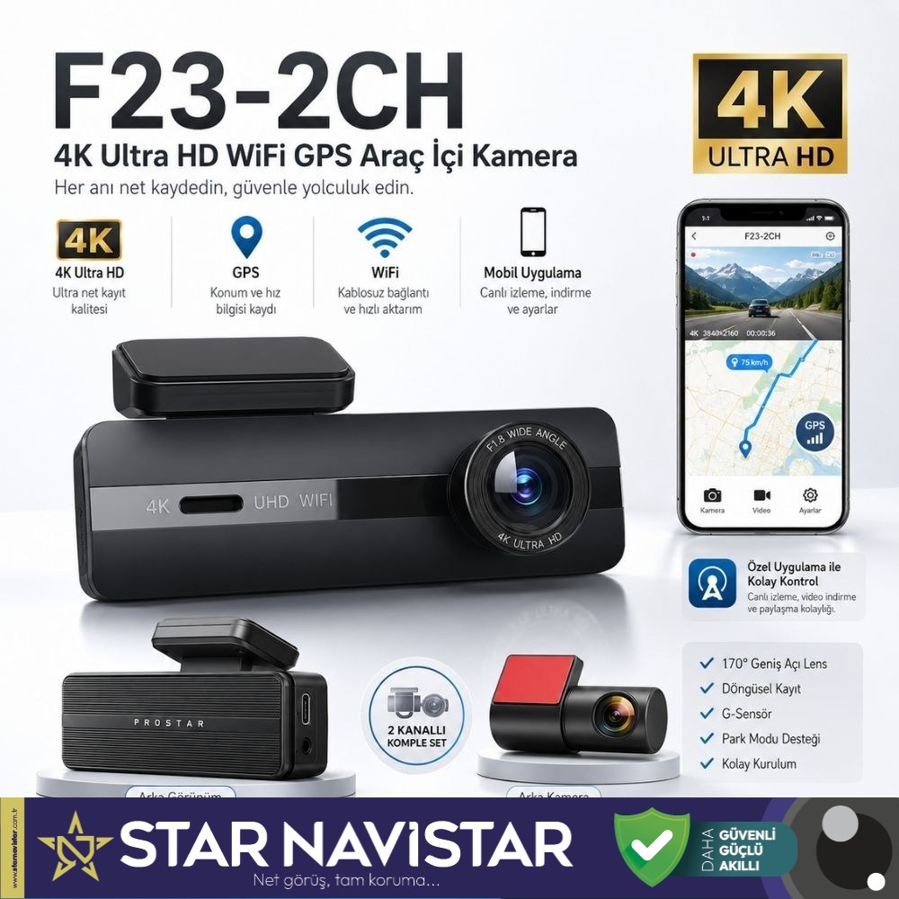 2 Kameralı 4K+1080P Ekransız WIFI GPS 24 Saat Park Modu Özellikli Dashcam Kamera