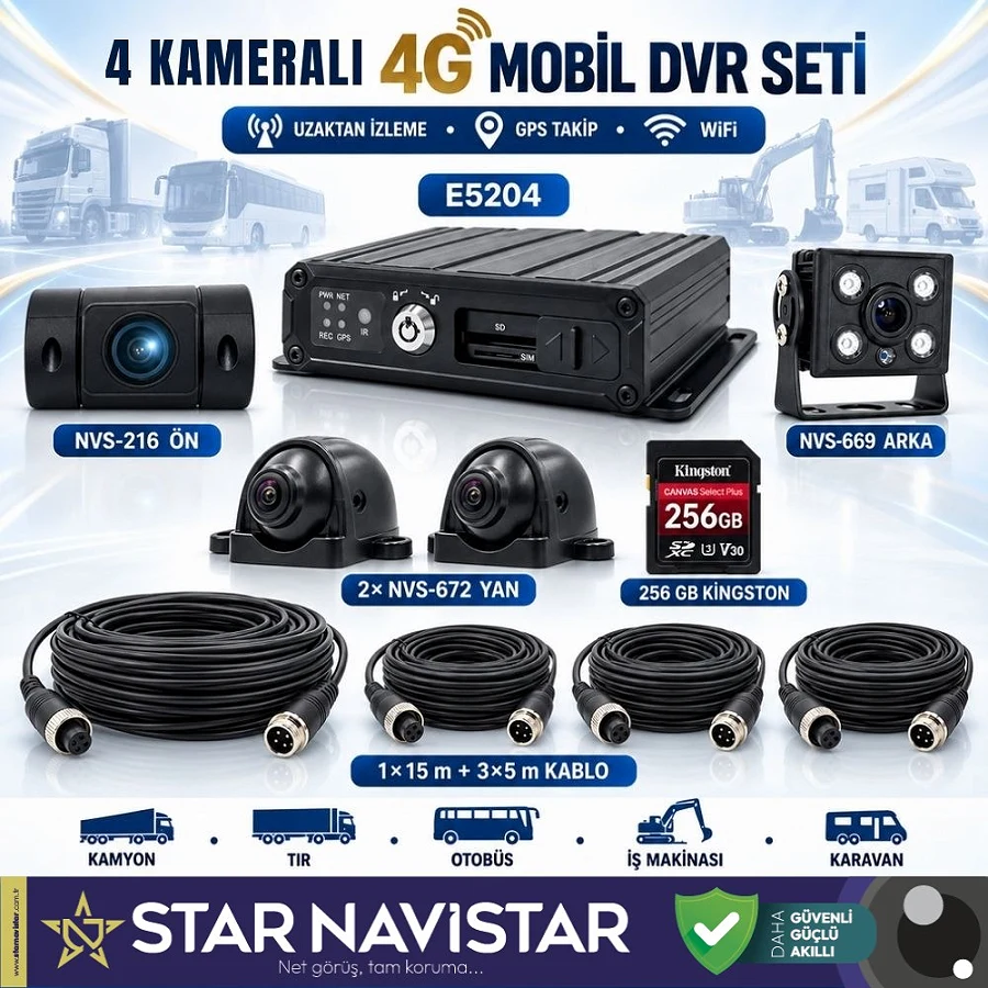 7 inç Monitörlü Profesyonel 4 Kameralı 1080P 4G GPS WIFI Mobil DVR Kamera Seti (256 GB Hafıza Kartı Dahil)