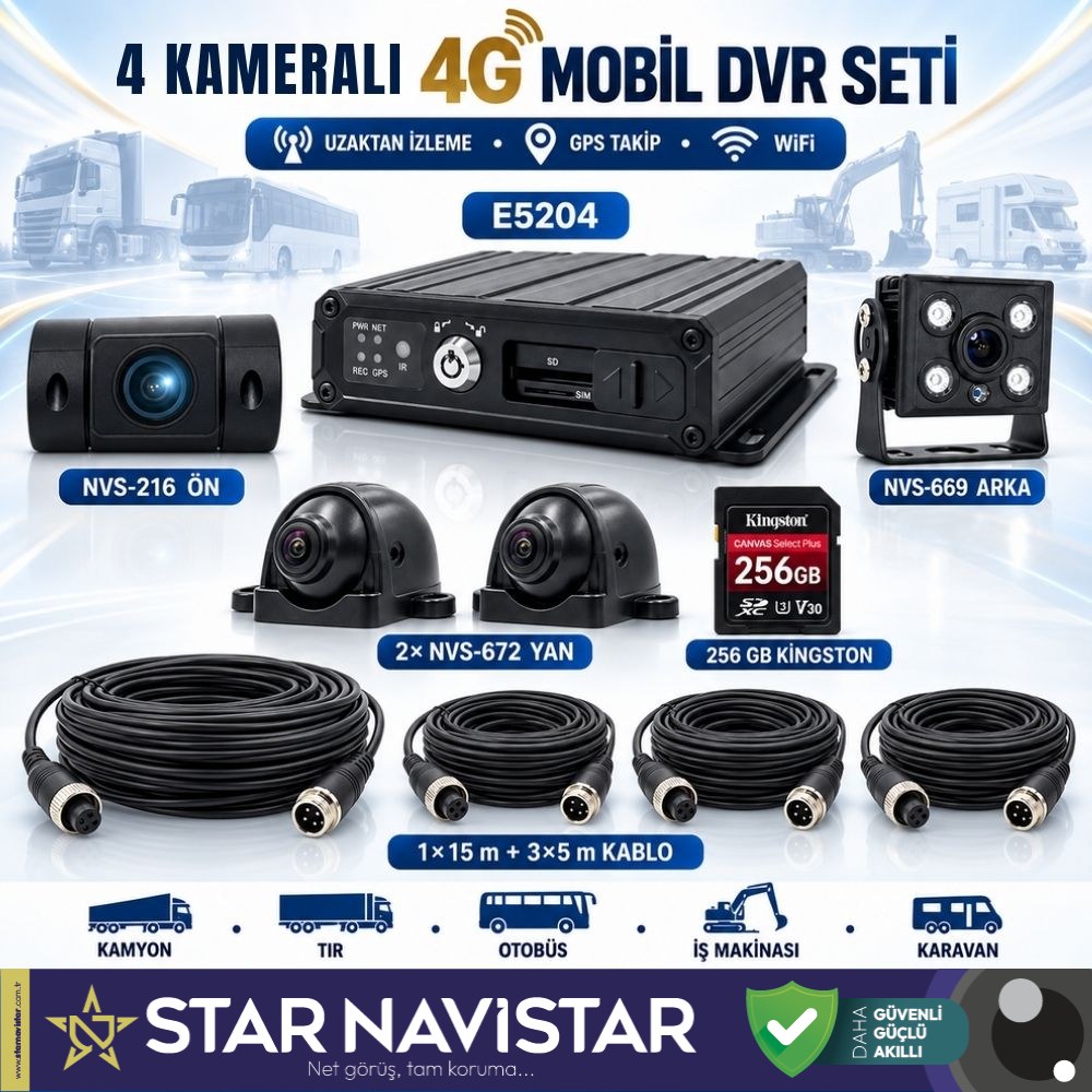 7 inç Monitörlü Profesyonel 4 Kameralı 1080P 4G GPS WIFI Mobil DVR Kamera Seti (256 GB Hafıza Kartı Dahil)