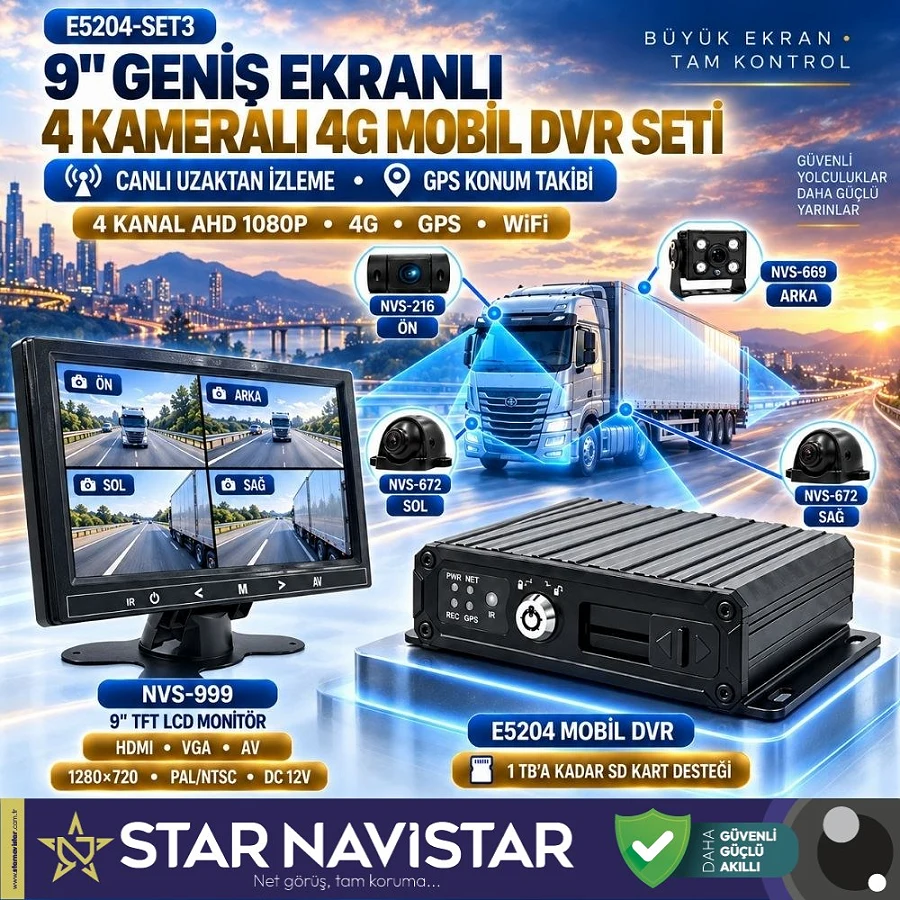9 inç Monitörlü 4 Kameralı 1080P 4G GPS WIFI Mobil DVR Kamera Seti (256 GB Hafıza Kartı Dahil)