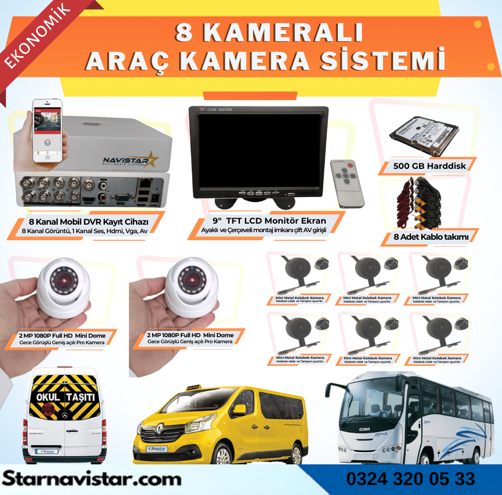 8 Kameralı Kayıtlı 500 Gb Hdd 9 Inç Ekranlı Uzaktan İzlemeli Tak Kullan Set